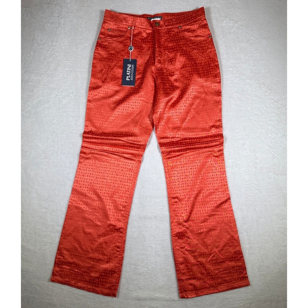 PLATINI JEANS COUGAR Orange Satin Logo Print Flare‎ Pants Size 30